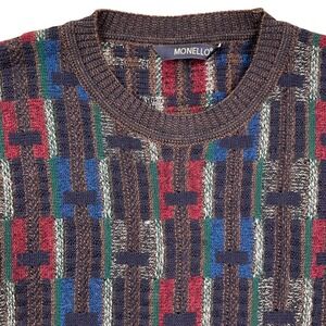 Vintage MONELLO Sweater Mens 52 Blue Multi Geometric Wool Acrylic‎